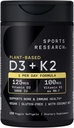 Sports Research Vitamin D3 K2 with 5000iu of Plant-Based D3 & 100mcg of Vitamin K2 as MK-7, Non-GMO Verified & Vegan Certified - 160 Liquid Softgels