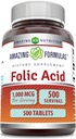 Amazing Formulas Folic Acid 1000 Mcg (1 Mg) Tablets Supplement | Vitamin B9 | Non-GMO | Gluten Free | Made in USA (500 Count)