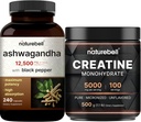 NatureBell Creatine Monohydrate Powder & Ashwagandha 12,500 mg Equivalent with Black Pepper Bundle Pack | Unflavored | High Absorption Micronized Creatine | Adaptogens Supplements for Relaxation