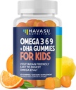 Omega 3 6 9 + DHA Gummies for Kids - Vegetarian, Plant-Based Fish Oil with DHA and EPA for Children 2+ to Support Body and Brain Development - No Fishy Taste - Lemon and Orange Flavors - 60 Count