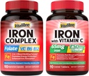 Iron Supplement for Women & Men, with Vitamins C, B6, B12 & Folate & Iron Supplement 65mg with Vitamin C, Stomach Friendly Carbonyl Iron,90Caps&90Tabs