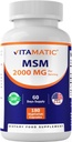 Vitamatic MSM 2000 mg with Vitamin C 75mg per Serving - 180 Veg Capsules - Vitamin C Aid in Better absopriton of MSM (Methylsulfonylmethane) - Non-GMO & Gluten Free