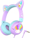 iClever Kids Headphones Cat Ear, LED Light Up, 85dBA Safe Volume, Stereo Sound Toddler Headphones for Travel School, Foldable 3.5mm Wired Kids Headphone for iPad Tablets, Meow Lollipop-Purple