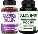 Colostrum (120 Count) Bovine Colostrum Capsules Supplement for Adults and Saffron (60 Gummies) Premium Sugar Free Gummy - 5 in 1 Advanced Formula - Delicious Raspberry Flavor - Vegan & Made in USA