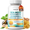 Sea Moss Supplement - 16-in-1 Natural Blend with Black Seed Oil Ashwagandha Burdock Bladderwrack Ginger Dandelion - 150 Count - Made & Tested in The USA
