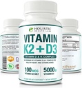 Max Absorption Vitamin K2 + D3 (5000IU) 90 Veggie Capsules from MK-7 (Menaquinone-7) and Cholecalciferol (with BioPerine) 3-Months Supply – D3 with K2 for Healthy Heart and Strong Bones | Non-GMO