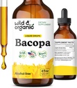 Wild & Organic Bacopa Liquid Drops - Herbal Tincture for Brain Support - Vegan Supplements with Bacopa Monnieri Extract Liquid - 5-Month Supply - Sugar & Alcohol-Free - 4 fl oz