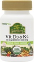 NaturesPlus Source of Life Garden Vitamin D3 & K2-60 Vegan Capsules - Promotes Bone Support, Immune Function, Cardiovascular Health & Mood Balance - Vegan, Gluten Free - 60 Servings
