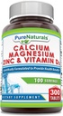 Pure Naturals Calcium Magnesium Zinc Vitamin D3 Supplement | Calcium 1000mg, Magnesium 400mg, Zinc 25mg, Vitamin D3 600 IU | Non-GMO | Gluten Free (300 Tablets)