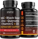 NAC 600mg Black Seed 500mg Zinc Picolinate Quercetin Vitamin C Vitamin D3 Respiratory Support (Pack of 1 Bottle at 120-Caps)