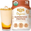 KOS Vegan Protein Powder, Salted Caramel Coffee - Low Carb Pea Protein Blend, Organic Plant Superfood Rich in Vitamins & Minerals - Keto, Dairy Free - Meal Replacement for Women & Men - 15 Servings