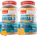 Vegan Omega-3 Gummies 1280mg + COQ10+ Vitamin D3 K2 (MK7), Omega 3 Fish Oil Alternative for Adults w/EPA 600mg & DHA 400mg & MCT Oil, No Fish Taste from Marine Algae, for Brain, Eye, Immunity, 2 Pack