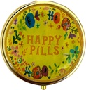 Happy Pills Pill Organizer Cute Metal Pill Case Travel Friendly Portable Compact Pill Box Pill Container to Hold Tylenol/Vitamins/Supplements/Meds/Tablet for Purse/Pocket(Round,Upgraded with Mirror)