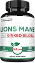 Satoomi Lions Mane with Ginkgo Biloba Supplement - 60 Capsules - Extra Strength for Restful Mind, Brain Health, Immune System & Focus - Gluten-Free, Non-GMO