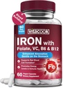 Iron Supplement for Women & Men, Iron Bisglycinate with Vitamin C, B6, B12, Folate, Stomach Friendly, Non-Constipating, Blood Health & Energy Boost, 60 Vegan Caps