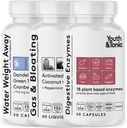Youth & Tonic Bloating Relief from Water Retention, Gas or Food Digestion with Water Pills, Liquid Activated Charcoal and Digestive Enzymes Bundle Pack