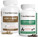Real Mushrooms Lions Mane for Humans (120ct) & 5 Defenders for Pets (90ct) - Capsules Bundle - Cognitive Support & Immune Strength - Vegan, Non-GMO, Organic, Gluten-Free