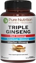 Pure Nutrition Triple Ginseng 650mg | 120 Caps | Complex for Men and Women | Highly Effective Combination of Red, American and Siberian Ginseng. Non GMO