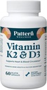 Pattern Wellness Vitamin K2 & D3 Supplement with Calcium – Bone Health, Circulatory Wellness & Immune Support - Non-GMO - 60 Capsules