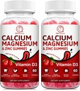 Calcium, Magnesium, Zinc & Vitamin D Gummies - 2 Pack | Vitamins for Women, Men & Kids | Calcium Supplements for Strong Healthy Bones, Zinc Gummies, Gluten-Free, Vegan - 120 Count