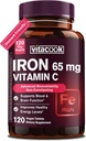 Iron Supplement for Women Men, High Potency Iron 65mg with Vitamin C 250mg, Stomach Friendly Iron Pills for Red Blood Cell & Immune Support, Non-GMO & Gluten Free,120 Vegan Tablets