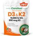VEV Corefeel Vitamin D3 K2, 10,000 IU D3, 200mcg K2 (with MK7), Supports Bone and Teeth Health, Dual Nutrient Support for Daily Wellness, Easy to Swallow – 300 Capsules