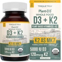 Organic Plant D3 + K2 | 5000 iu D3 + 120 mcg K2 as All-Trans MK7 from MenaQ7® - 100% Whole Food, Raw & Vegan | Enhanced Digestion with Prebiotic & Superfood Complex – D3 from Organic Algae (60 Count)