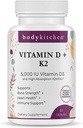 Body Kitchen Vegan Plant-Based Vitamin D3 + K2 (MK7) Supplement, Bone and Heart Health, Non-GMO, 5000 IU Vitamin D & 180 mcg Vitamin K2 MK-7, Easy to Swallow Veggie Caps, 60 Count