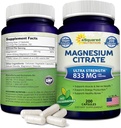 aSquared Nutrition Magnesium Citrate 833mg Supplement - 200 Capsules - Max Strength Vegan Mag Citrate Powder Pills to Support Pure Function of Muscles, Heart & Bones - Helps Increase Energy