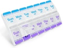 EZY DOSE Push Button (7-Day) Pill Case, Medicine Planner, Daily Vitamin Organizer, 2 Times a Day AM/PM, X-Large Compartments, Arthritis Friendly, Easy to use, Clear Lids, Purple and Blue, BPA Free