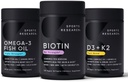 Sports Research Vegan Biotin 10,000 mcg 120 Softgels, Triple Strength Omega 3 Fish Oil 1250 mg (90 Count) and Vegan Vitamin D3 (5000iu) + K2 (100mcg Mk7) 60 Softgels