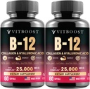 B12 Methylcobalamin with Hyaluronic Acid, Collagen, and Folate – 25000 mcg Supplement Enhance Absorption & Boost Energy | Gluten-Free, Made in USA, B1, B2, B3, B6, B7 Complex - Pack of 2