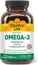Country Life Omega-3 Fish Oil Supplement, 1000mg, 180mg EPA & 120mg DHA, Fish Oil Concentrate, Burpless, 100 Softgels, Certified Gluten Free