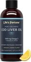 Life's Fortune Cod Liver Oil Liquid Organic Lemon Flavor (8 Oz) 1,000 mg Omega + Vitamin A, E & D3 - Supports Immune Health - 100% Fish Oil Supplement from Wild Ocean Cod-GMO Free