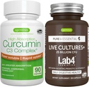 Live Cultures+ Lab4 Probiotics + High Absorption Curcumin C3 Complex Vegan Bundle, 25 Billion CFU Probiotic, Non-Bloating Prebiotic + 300% Greater Absorption Curcuminoids with Rapid Uptake, By Igennus