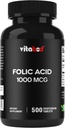 Folic Acid 1 mg (1000 mcg) (Vitamin B9) - 500 Vegetarian Tablets - an Essential Prenatal and Postnatal Vitamin