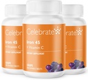 Celebrate Vitamins Iron Supplement with Vitamin C - 45mg Iron, 60mg Vitamin C, Bariatric Vitamins for WLS Patients, Vertical Sleeve & Gastric Bypass Surgery - Grape, 90 Chewable Tablets